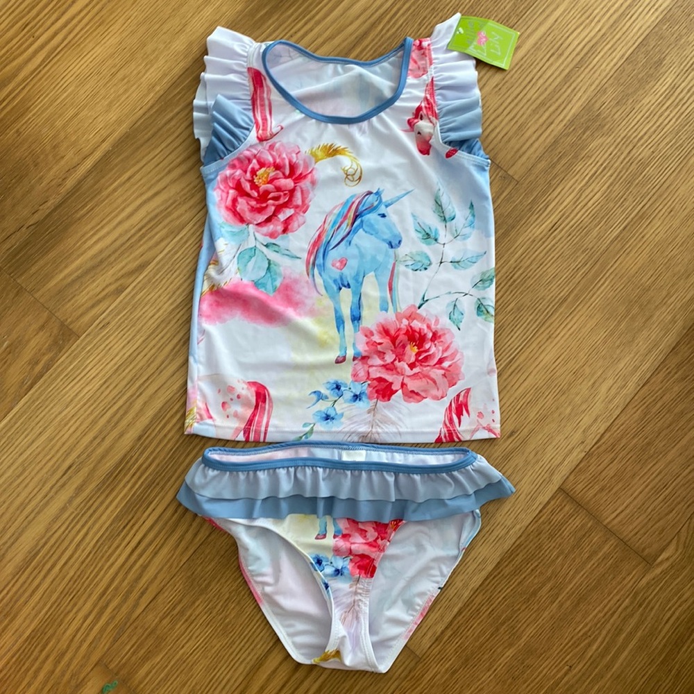 New Millie Loves Lily Girl’s Unicorn Ruffle Tankini Swimming Set Size 12